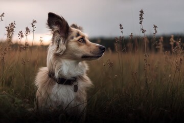 Dog Looking Away in Field at Dusk, Representing Companionship and Outdoor Adventure, Ideal for Pet Care and Veterinary Marketing : Generative AI