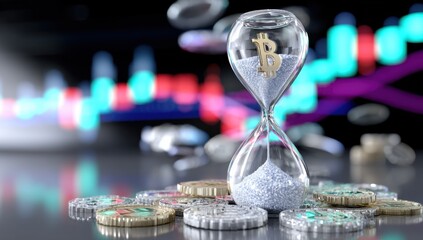 Bitcoin Symbol in Hourglass Against Blurred Chart, Representing Cryptocurrency Investment and Financial Risk Management in the Digital Age : Generative AI