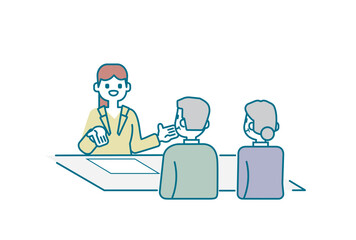 シニアの男女に資料を説明するビジネスウーマン