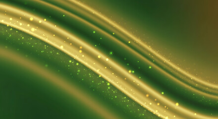 Luxurious emerald green and shimmering golden abstract background featuring elegant smooth wavy lines, sparkling bokeh lights, and subtle glitter effects, creating a dynamic flowing pattern perfect fo
