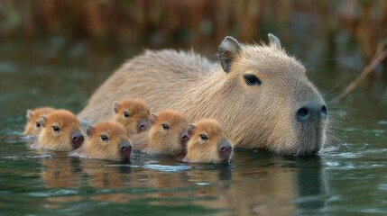 Capybara Family Swimming Together in Calm Water, Symbolizing Family Values and Wildlife Conservation Efforts : Generative AI