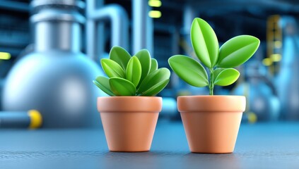 Two Potted Plants in Factory Setting, Symbolizing Sustainable Manufacturing and Environmental Responsibility, Suitable for Corporate Communications : Generative AI