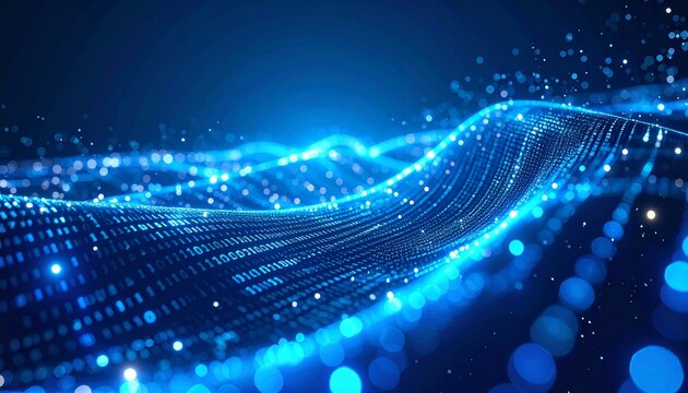 Abstract blue digital wave surface with glowing particles, futuristic data flow, AI and big data concept