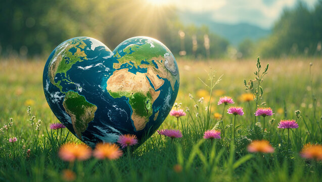 Heart Earth on grass and flowers, representing love for nature, planet protection, and sustainability.