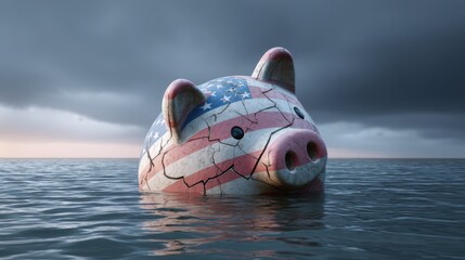Cracked Piggy Bank With American Flag Design Submerged in Water, Symbolizing Economic Crisis and Financial Risk Management : Generative AI