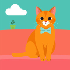 Obraz premium An orange cat with a blue bow tie sits in front of a teal background with a cloud.