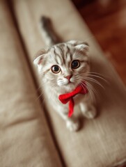 Adorable Scottish Fold Kitten Looking Up With Red Bow Tie, Representing Pet Adoption and Animal Welfare Campaigns : Generative AI