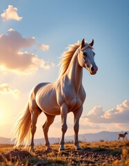 Obraz premium A vibrant scene captured from a golden sunset majestic white horse open field nature serene viewpoint