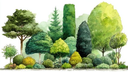 Watercolor Painting of Various Trees and Bushes, Illustrating Garden Design and Landscaping Projects for Home Improvement : Generative AI