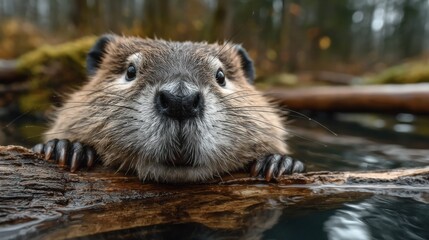Close-Up of Beaver Peeking Over Log in Water, Showcasing Wildlife Conservation and Environmental Awareness in Nature Photography : Generative AI