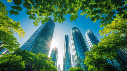 Skyscrapers embraced by lush tree leaves, highlighting ESG principles, sustainability, green urban development and.