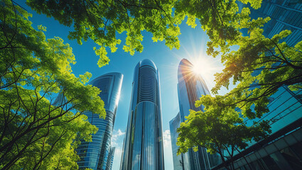 Towering buildings framed by green leaves, ESG focused skyline showing environmental responsibility and urban green
