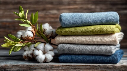 Stack of Folded Colorful Towels With Cotton Plant on Wooden Surface, Showcasing Cleanliness and Sustainable Living for Home Decor : Generative AI