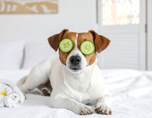 Relaxed jack russell terrier dog with cucumber slices on eyes in spa day