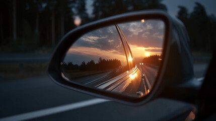 A side mirror reflects a vibrant sunset, showcasing a serene landscape with trees and a tranquil road, evoking a sense of calm and travel.