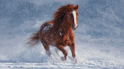 Obraz premium majestic chestnut horse with flowing mane gallops through a winter wonderland snowflakes swirling around its powerful form capturing pure freedom and natural beauty