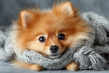 Obraz premium Pomeranian Puppy Wrapped in a Gray Scarf, Conveying Comfort and Pet Adoption, Perfect for Animal Shelter Campaigns and Veterinary Promotions : Generative AI