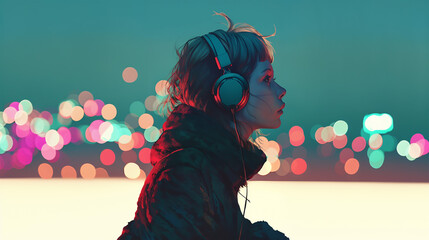イルミネーションを眺めながら音楽を聴く女性
