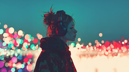 イルミネーションを眺めながら音楽を聴く女性