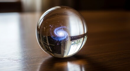 Fototapeta premium Glass Sphere Reflecting a Swirling Blue Light on a Wooden Surface.