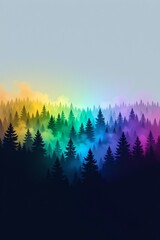 Glowing minimalist forest silhouette enchanted landscape digital art serene vibes aerial view nature aesthetics