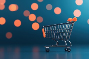 Mini shopping cart standing against a blue background with warm orange bokeh lights, representing online retail and consumerism