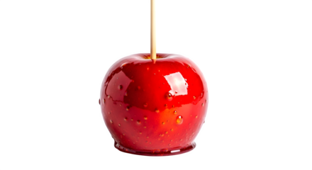 A glossy red candy apple isolated on transparent background, a sweet treat perfect for fall festivals, halloween, or a delightful snack