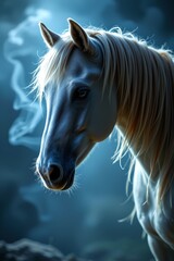 Mystical white horse in ethereal mist enchanted forest portrait photography magical environment close-up view dreamy concept