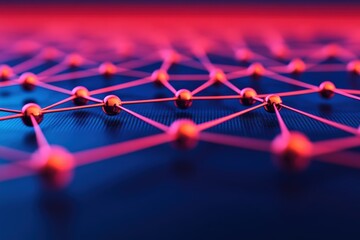 Abstract network grid showing interconnected nodes on a dark blue background with vibrant pink light, illustrating technology concept