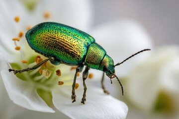 Fototapeta premium Iridescent Green Beetle on White Blossom, Symbolizing Natural Beauty and Springtime Renewal, Ideal for Ecology and Environmental Awareness Campaigns : Generative AI