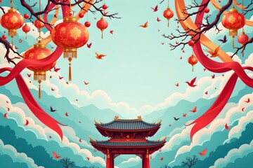 Ceremonial lanterns and flowing banners scenic mountain view artistic illustration vibrant atmosphere aerial perspective