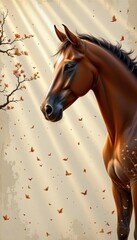 Elegant horse portrait under soft light natural setting glossy finish over shoulder perspective