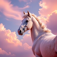 Pastel horse in soft clouds dreamy landscape animal portrait serene environment artistic viewpoint