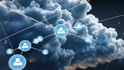Digital cloud network connecting user profiles with abstract data flow against a dark background