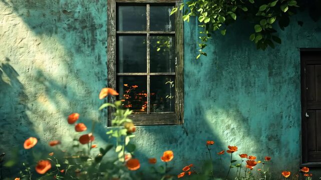 Rustic Window with Poppy Flowers.