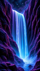 Surreal neon waterfall enchanted canyon digital art mystical atmosphere aerial view dreamlike landscape