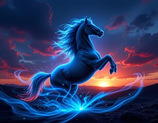 Spirited horse rearing against sunset nature scene digital art vibrant landscape majestic viewpoint