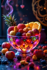 Surreal fruit bowl glowing with lights kitchen table food art colorful close-up imagination