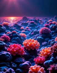 Surreal coral reef glowing with vibrant colors underwater digital art peaceful environment wide angle view fantasy concept
