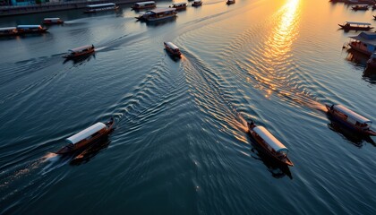Serene thai floating market boats thailand aerial view waterway sunset reflection cultural experience