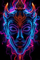 Glowing thai khon mask dance thailand digital art vibrant colors front view cultural celebration