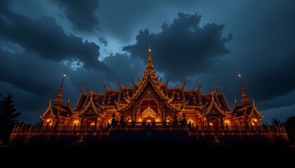 Majestic thai temple roofline transformed into stunning nightscape thailand architectural photography nighttime dramatic atmosphere