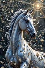 Majestic silver horse shimmering beneath sunlight enchanted forest digital art ethereal close-up fantasy concept