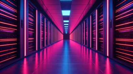 Server racks with glowing red data lights lining a symmetric data center corridor illuminated by blue and pink neon