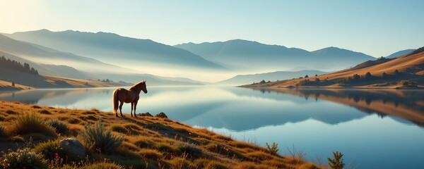 Tranquil horse by serene lake mountain landscape nature photography early morning peaceful reflection