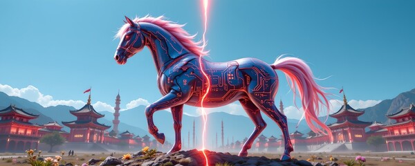Cyberpunk unicorn emerges in futuristic landscape fantasy realm digital art vibrant atmosphere dynamic perspective