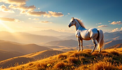 Majestic white horse on golden hills at sunset nature photography serene landscape breathtaking bird's eye perspective