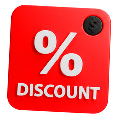 A red square 3D button featuring the word DISCOUNT, a percentage symbol, and a black dollar coin icon. This digital badge is perfect for advertising sale events, promotions, and special offers.