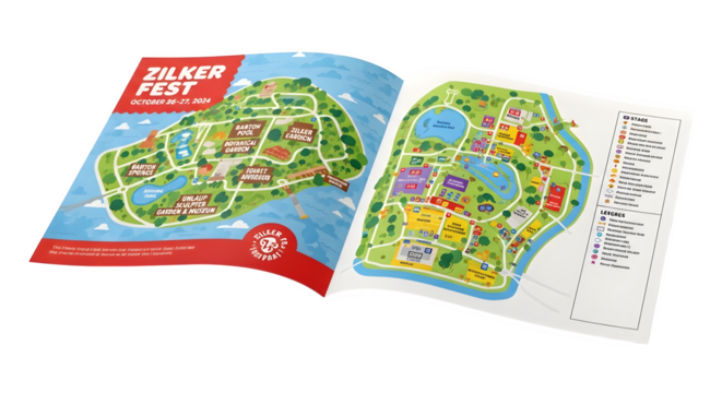 Zilker fest map isolated on transparent background, an event guide with detailed layout, showcasing stages, attractions, and amenities for festivalgoers to navigate easily