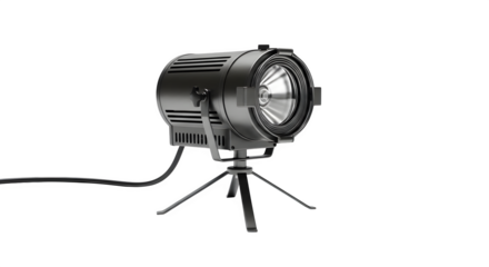 Studio lighting equipment on a tripod, isolated on transparent background the light is black and has a metal grill over the lens for protection